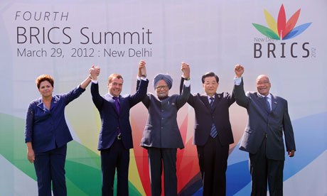 Dilma Rousseff, Dmitry Medvedev, Manmohan Singh, Hu Jintao and Jacob Zuma at the Brics summit in New Delhi. Photograph: Li Tao/Xinhua Press//Corbis 